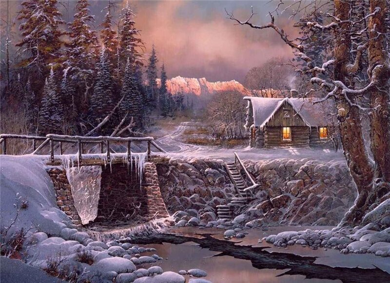 Winter cabin by a stream