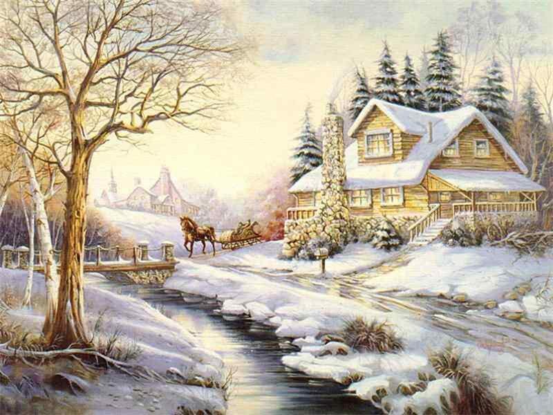 Winter cabin by a stream