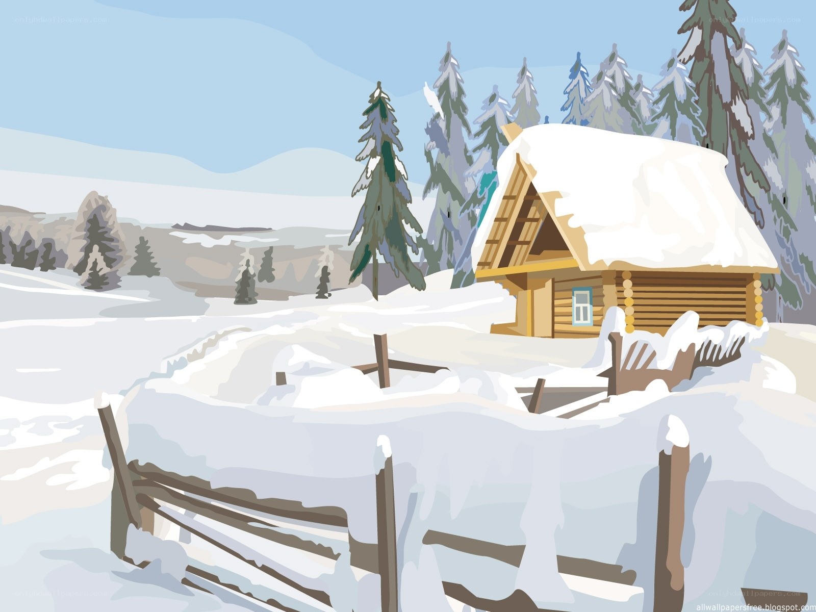 Winter cabin in snowy forest