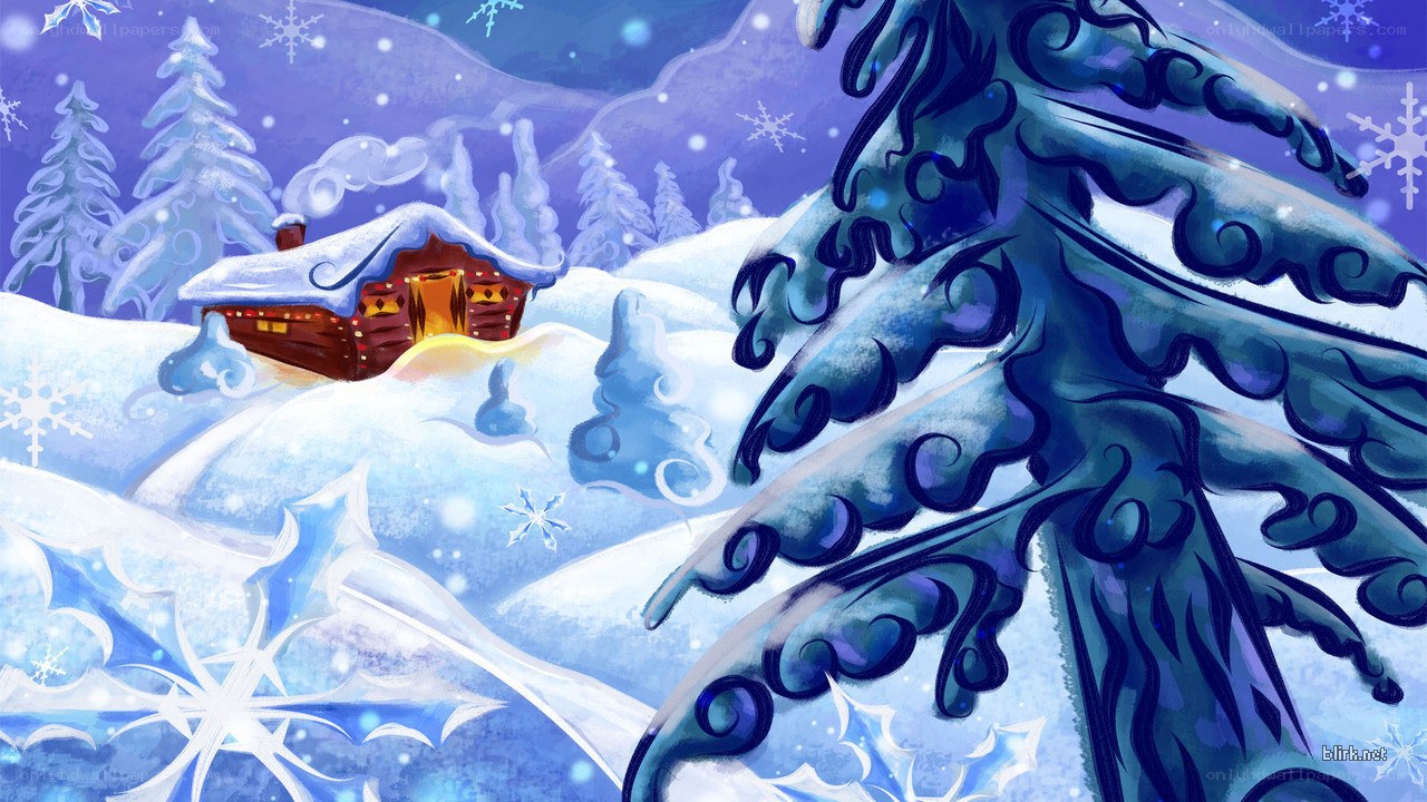 Winter cabin in snowy landscape