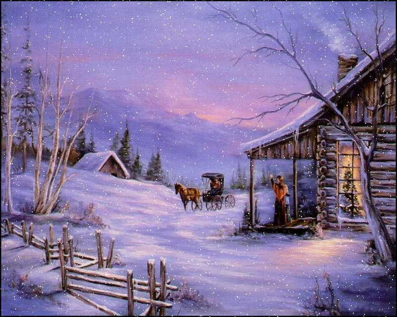 Winter cabin scene