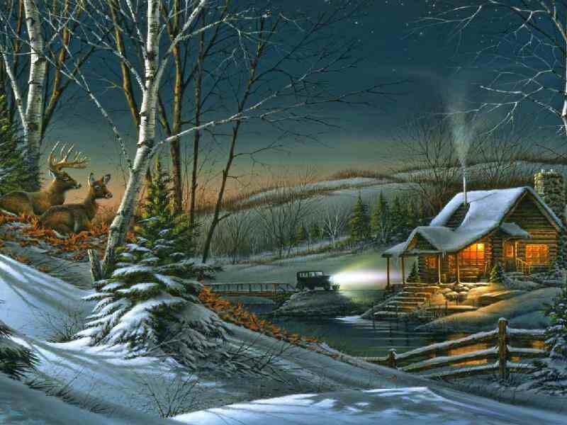 Winter cabin scene at night