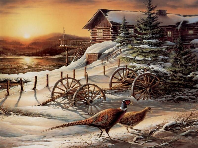 Winter Cabin with Pheasants