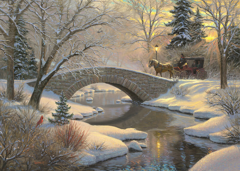 Winter carriage crossing a bridge
