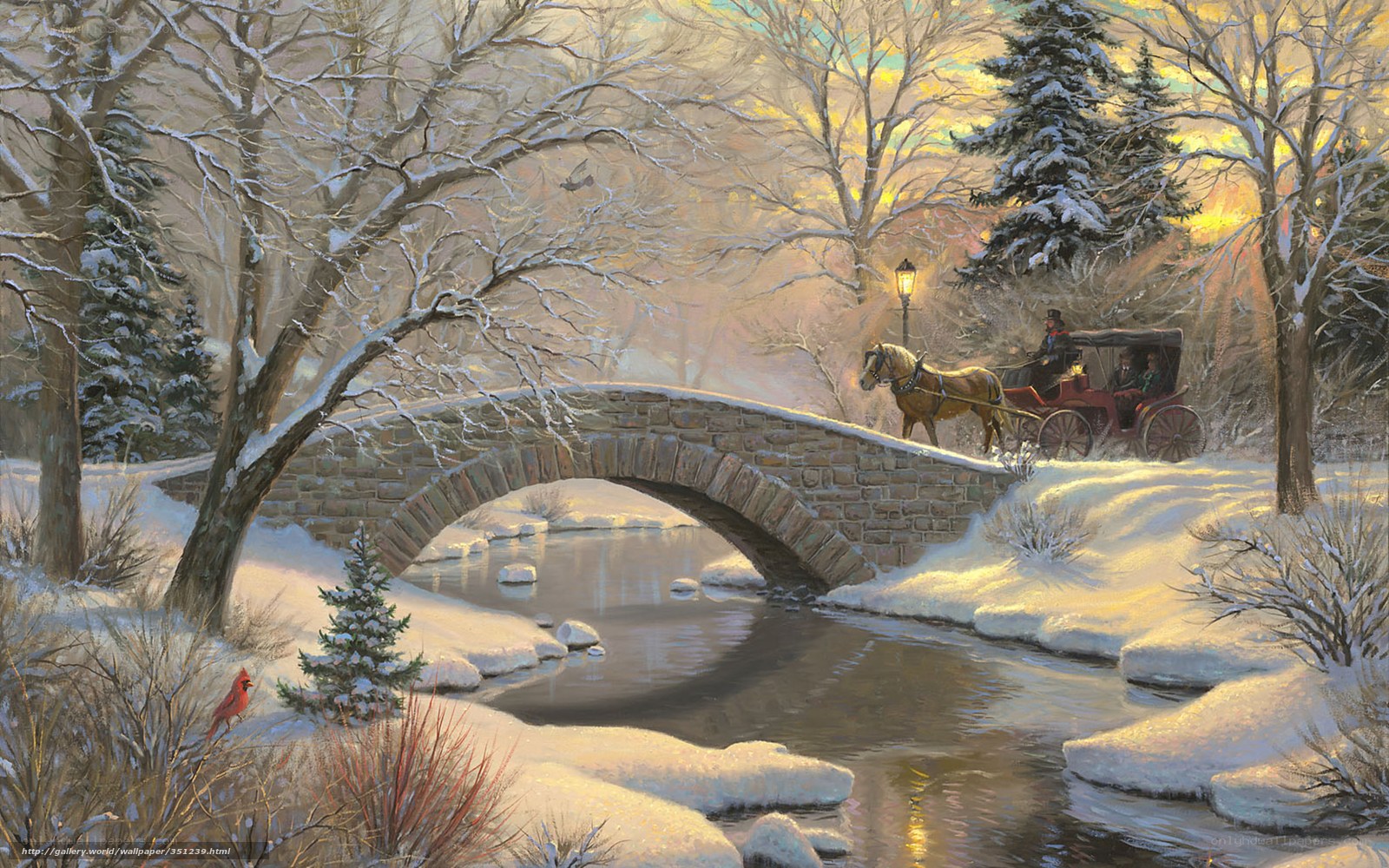 Winter carriage crossing a bridge