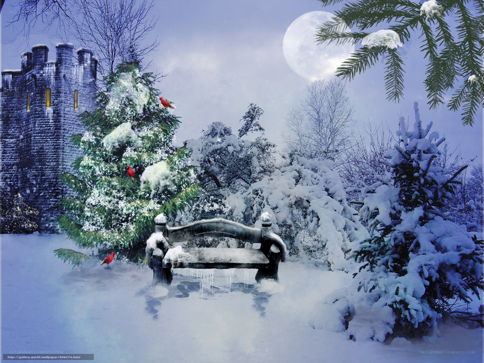 Winter castle garden scene