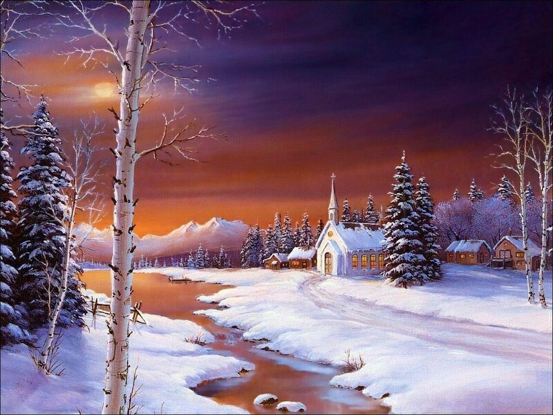Winter church at sunset