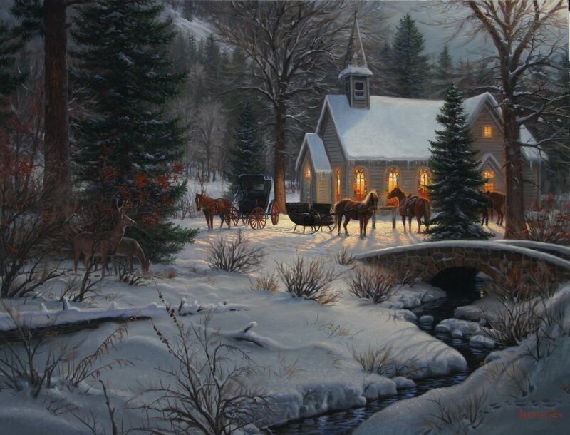 Winter church scene with horses