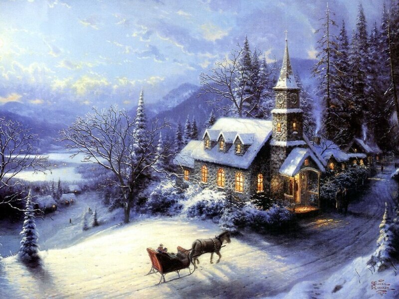 Winter church scene with sleigh