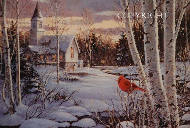 Winter church with cardinal