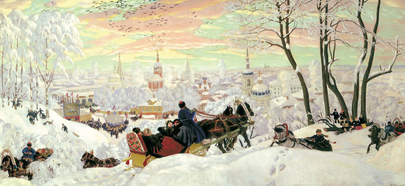 Winter City Scene with Sleighs
