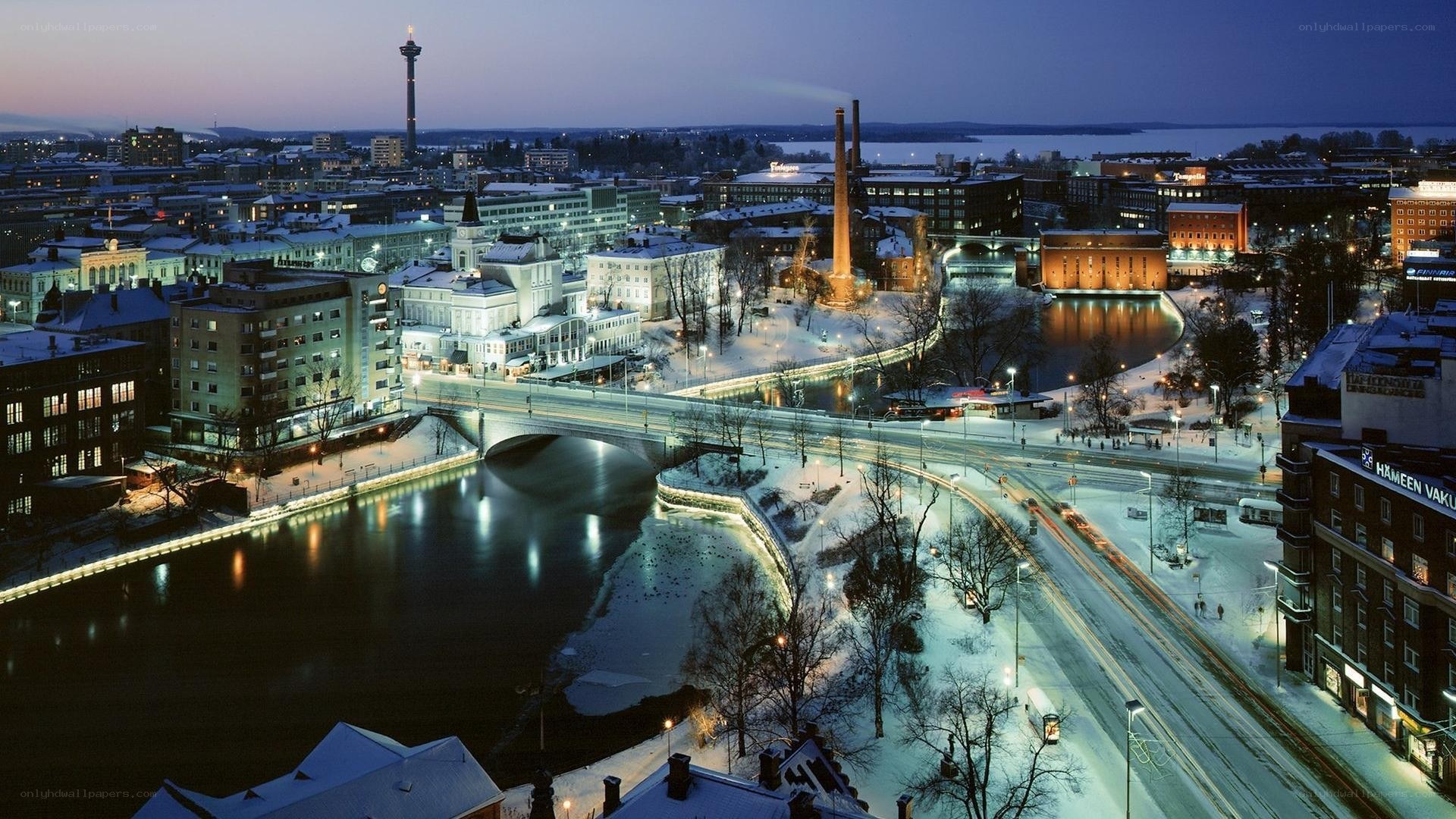 Winter cityscape at dusk
