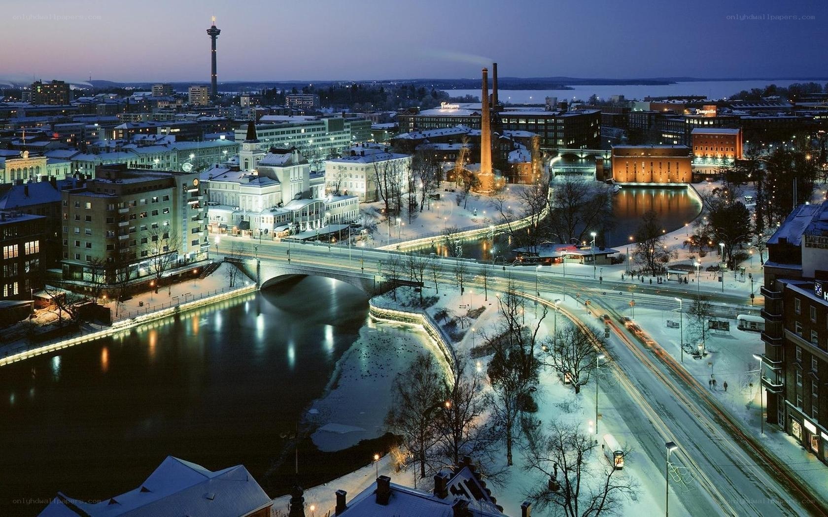 Winter cityscape at dusk