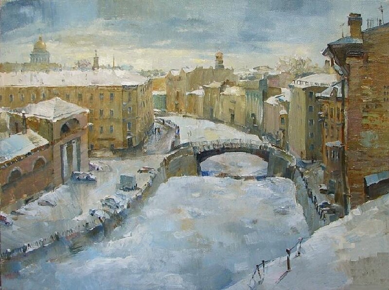 Winter cityscape with canal