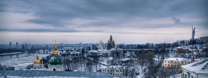Winter cityscape with cathedral domes