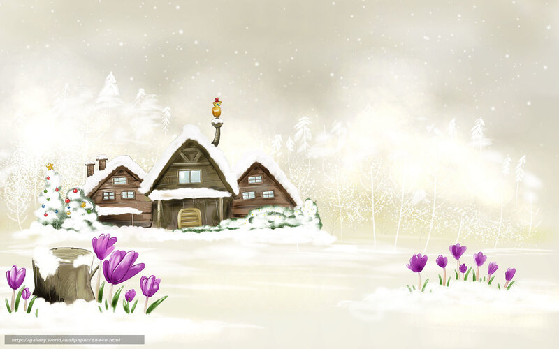 Winter cottage with crocuses