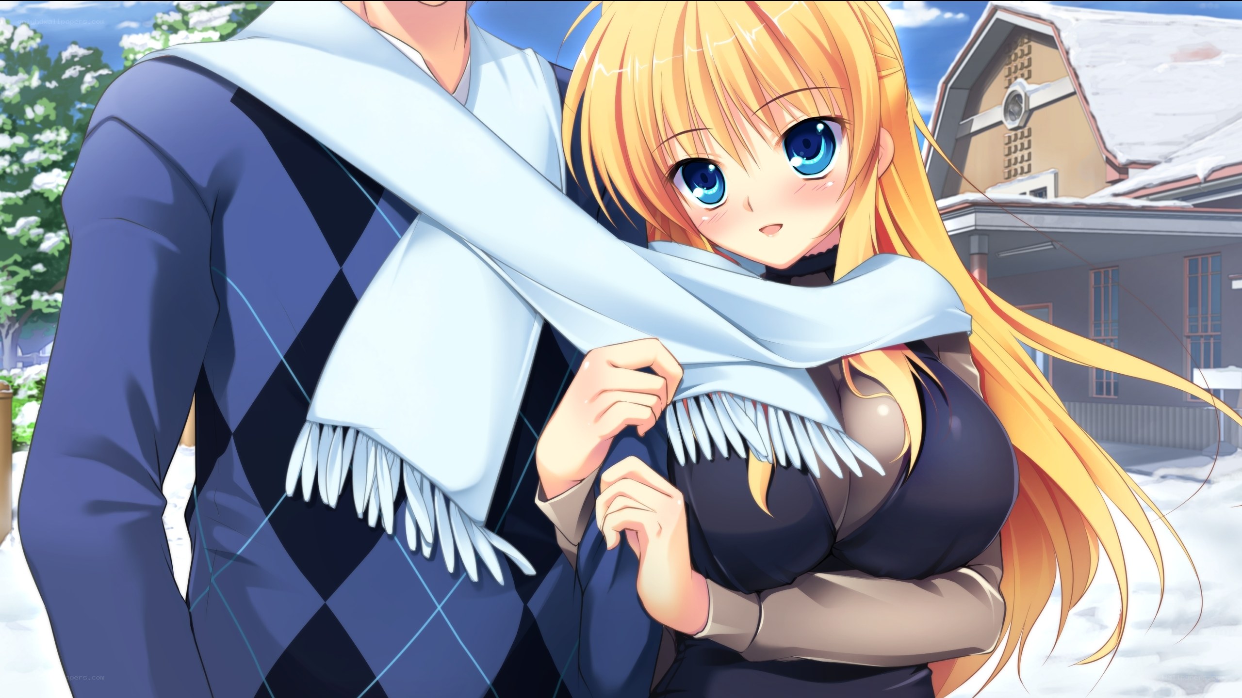 Winter couple embrace