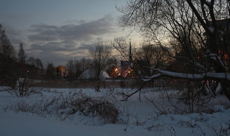 Winter dusk at a church
