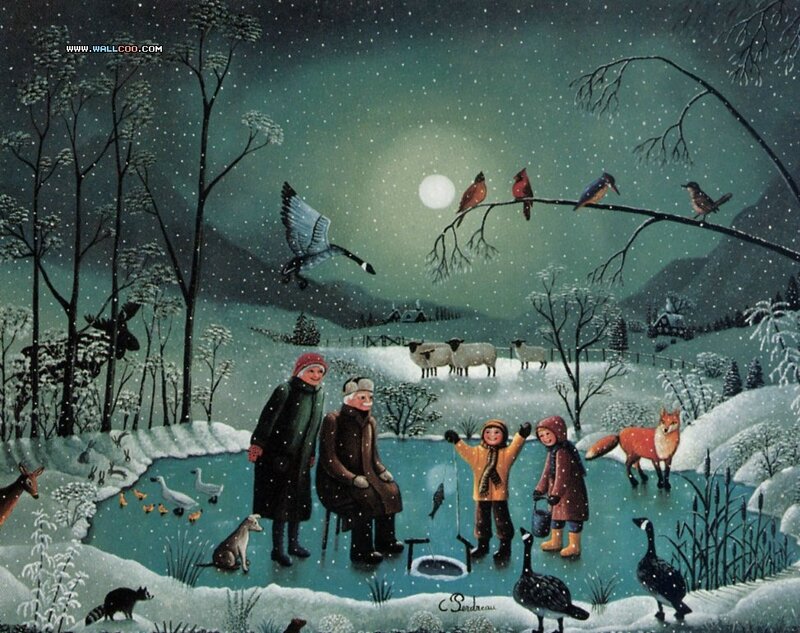 Winter family ice fishing