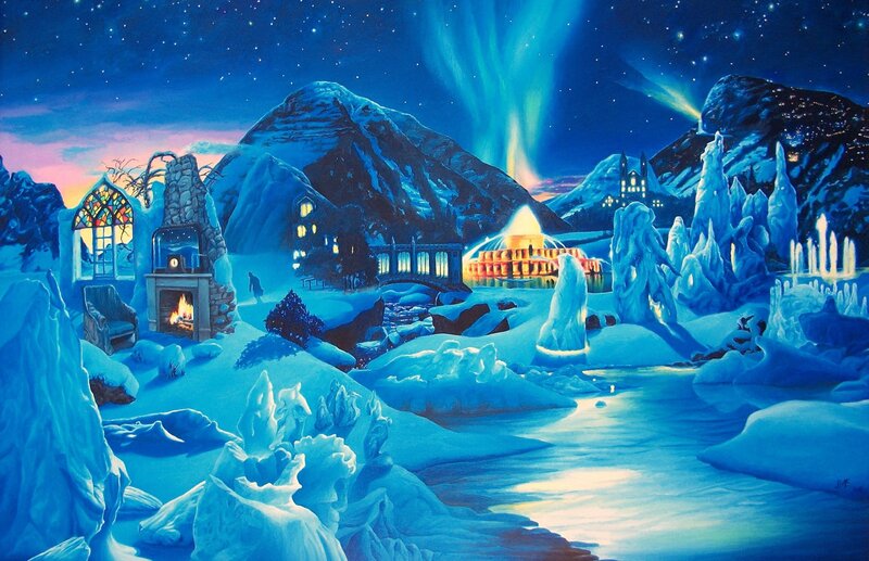 Winter fantasy village at night