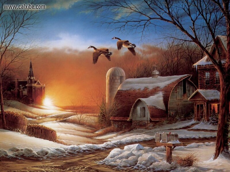 Winter Farm at Sunset