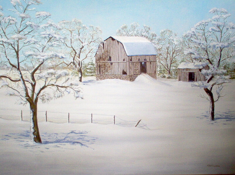 Winter farm scene with barn