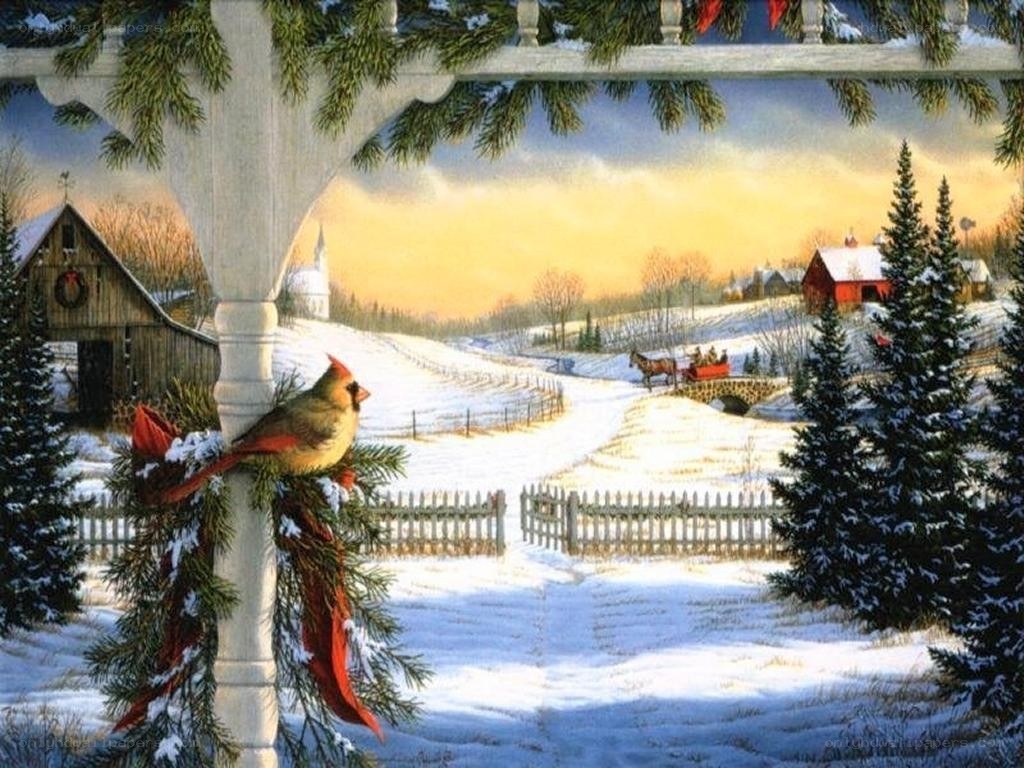 Winter farm scene with cardinal