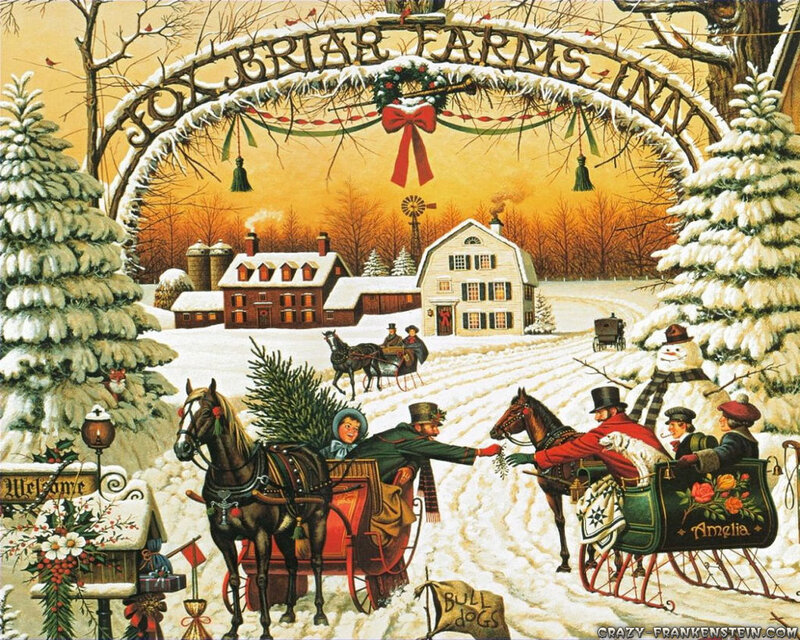 Winter farm scene with sleighs