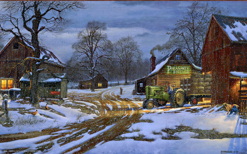 Winter Farm Scene with Tractor