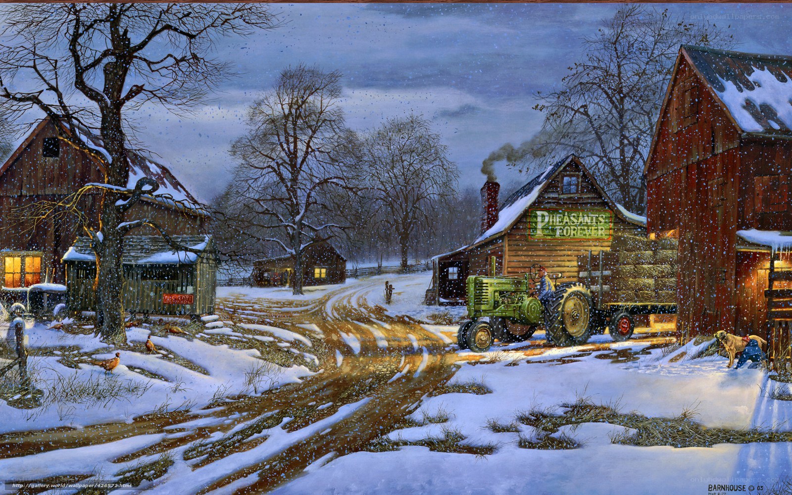 Winter Farm Scene with Tractor