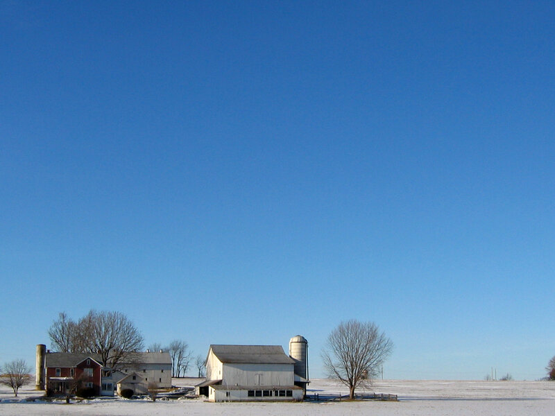 Winter farm under clear blue sky