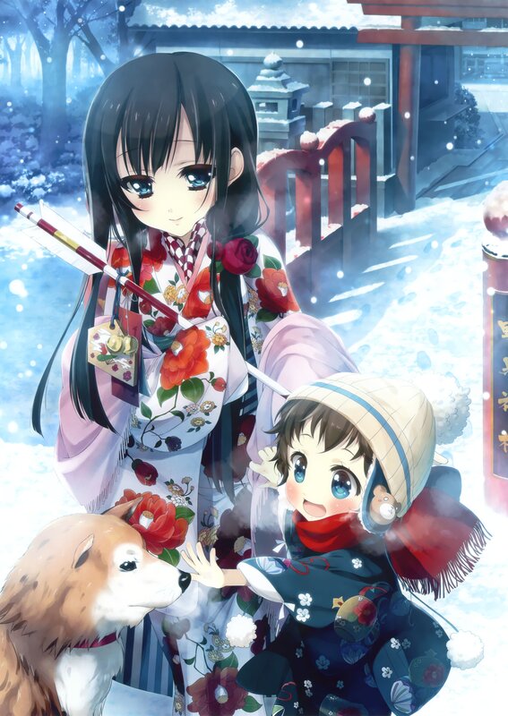 Winter festival with girls and dog
