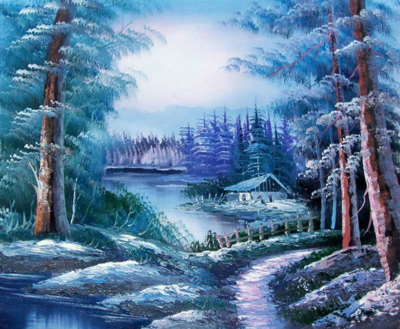 Winter forest lake scene