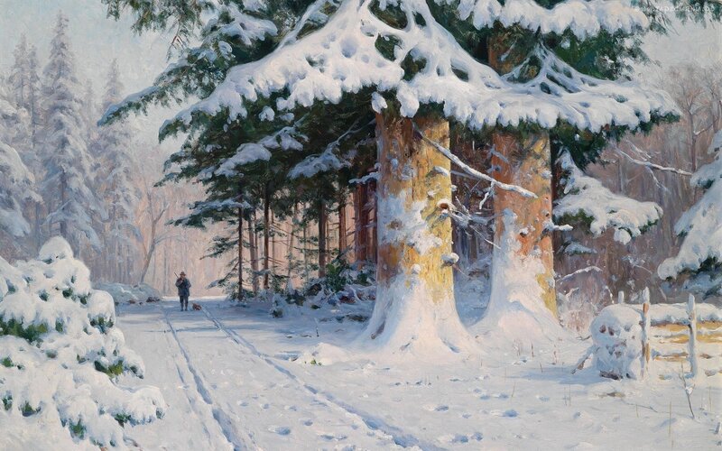 Winter forest path with hunter