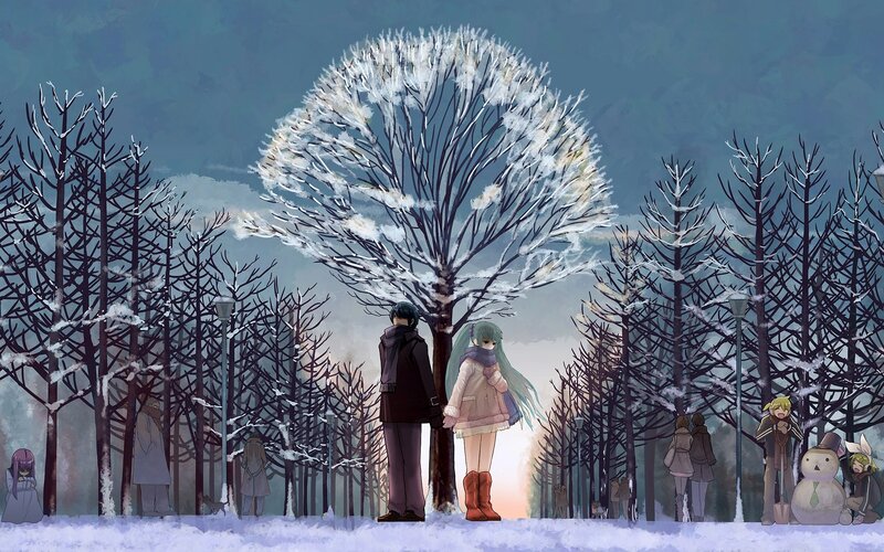Winter forest scene with characters