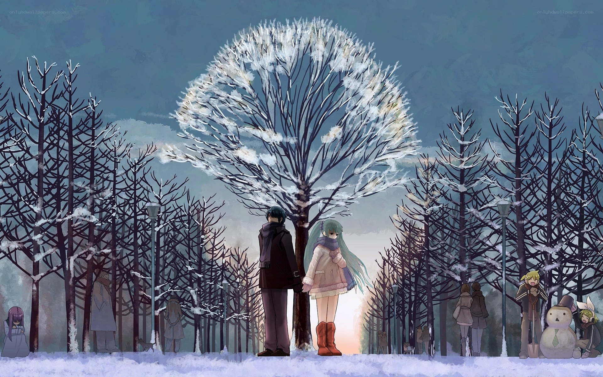 Winter forest scene with characters