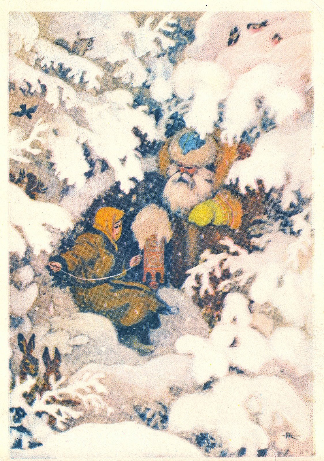 Winter forest scene with figures
