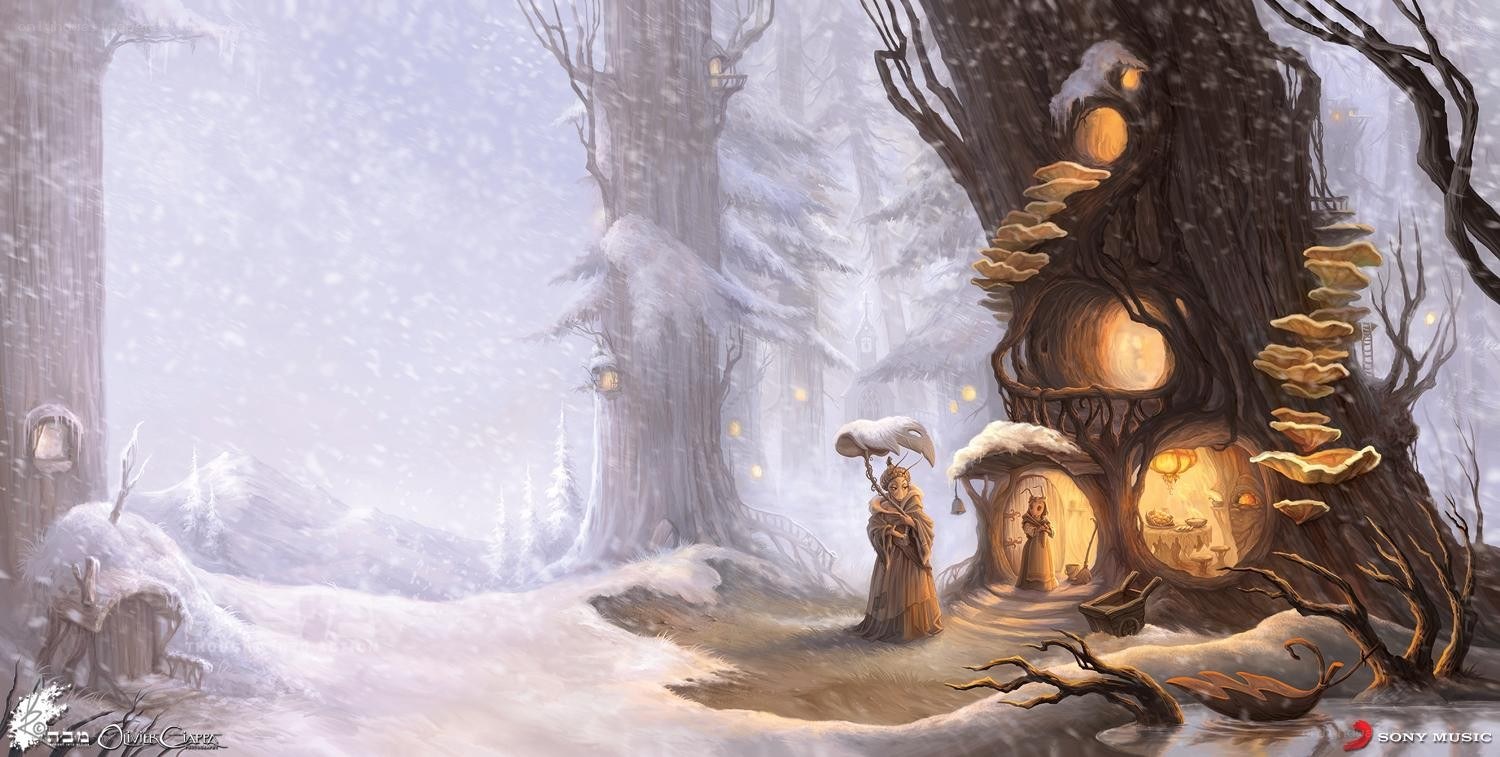 Winter forest treehouse