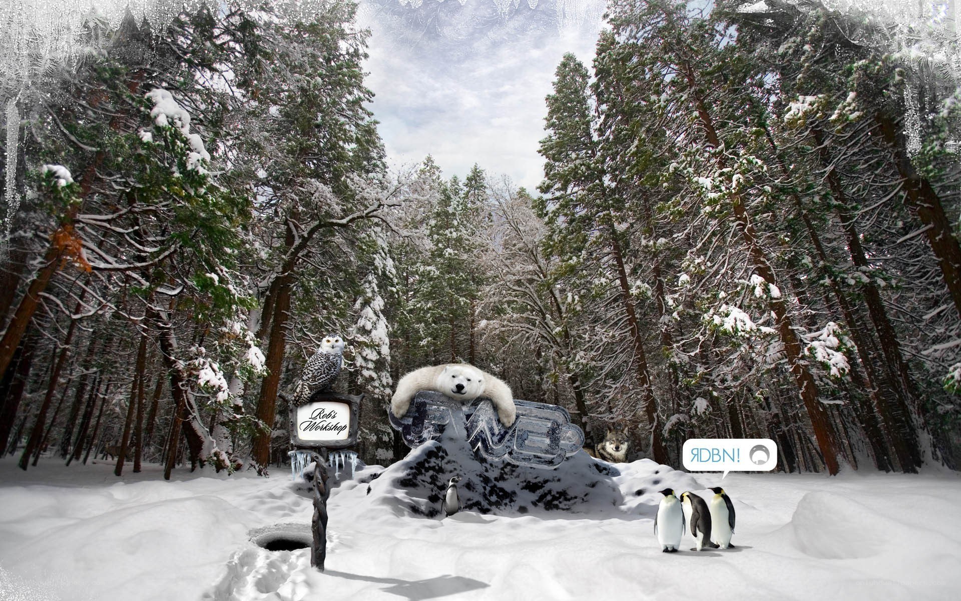 Winter forest with animals