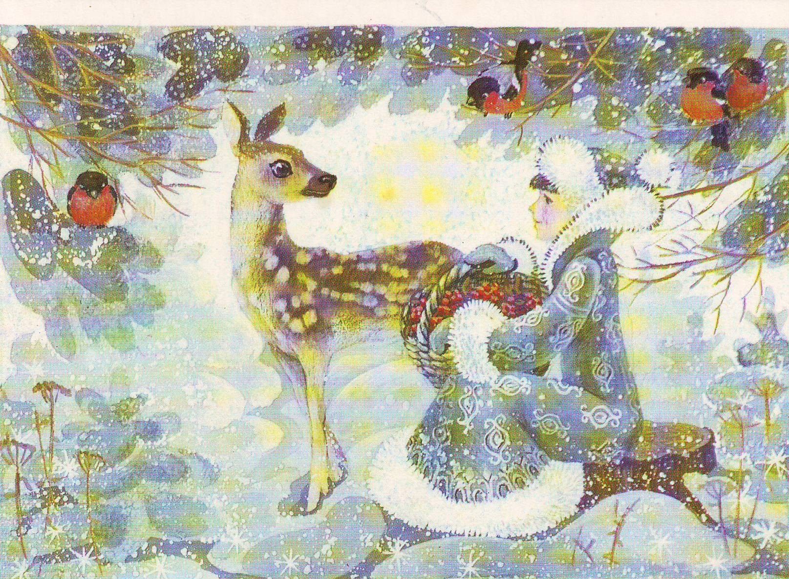 Winter forest with deer and child