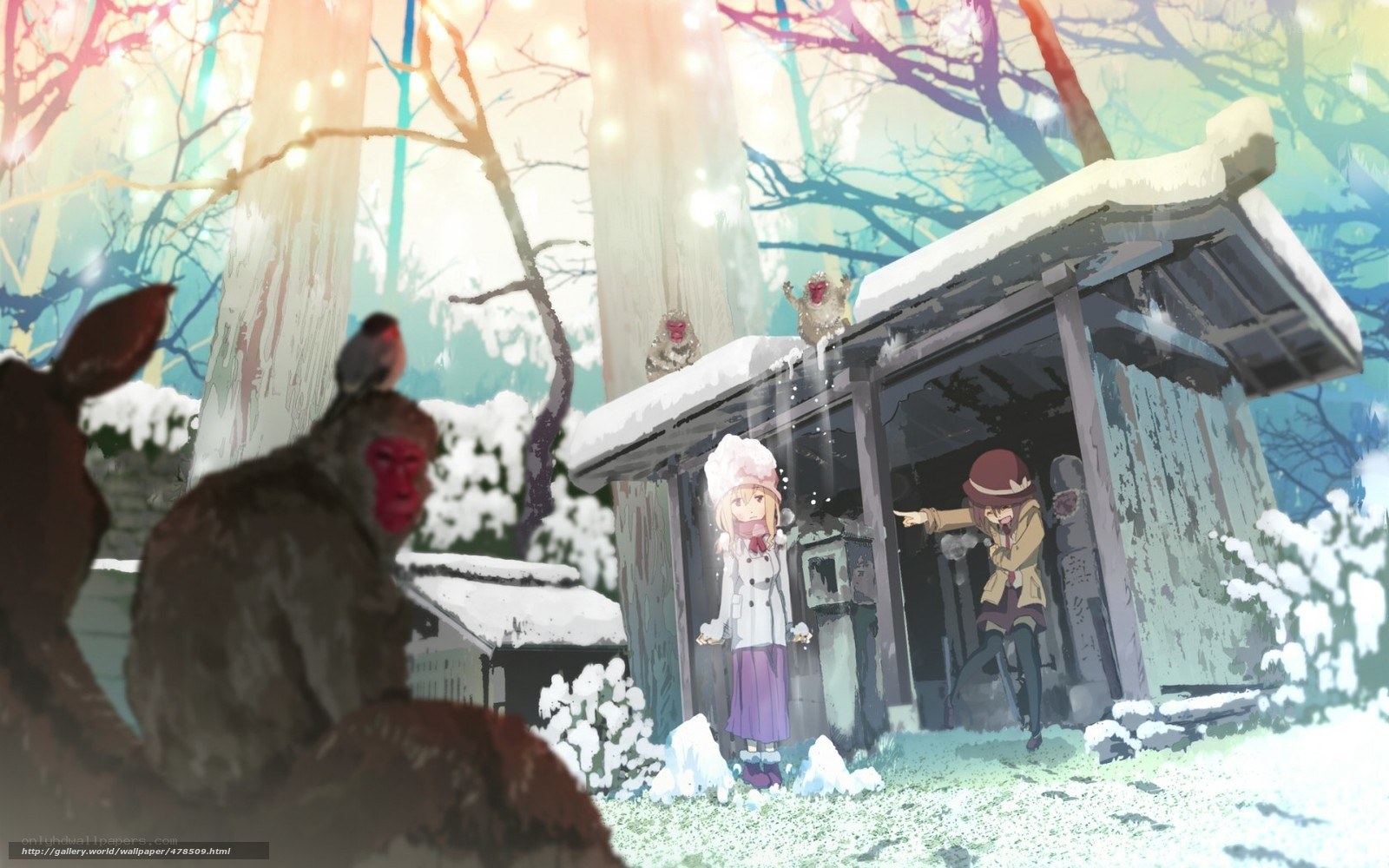 Winter forest with girls and monkeys
