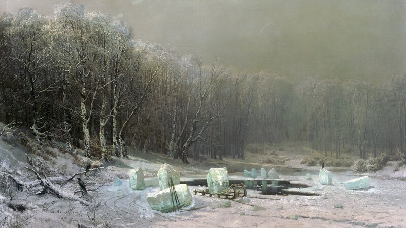 Winter forest with ice blocks