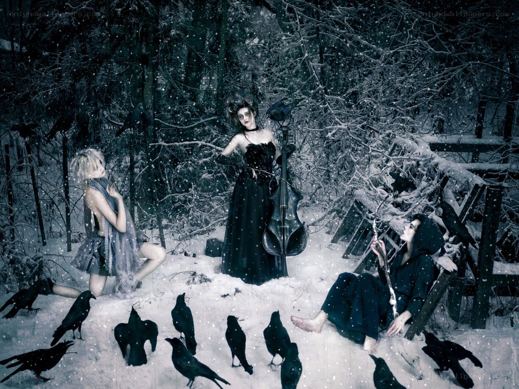 Winter forest with musicians and crows
