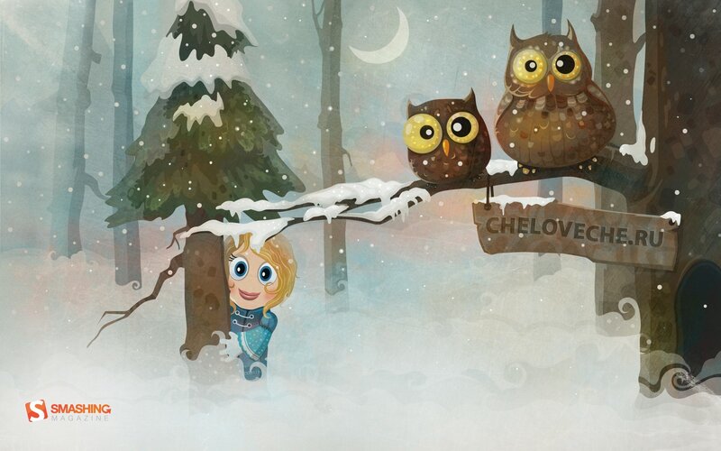 Winter forest with owls