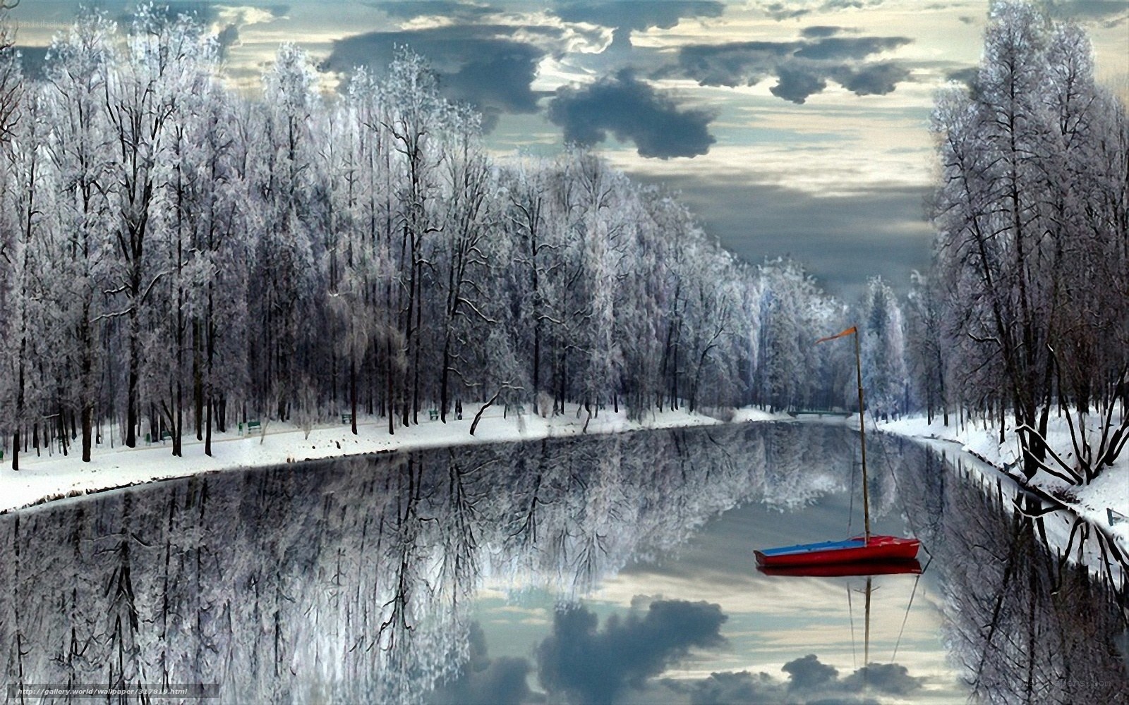 Winter forest with red boat