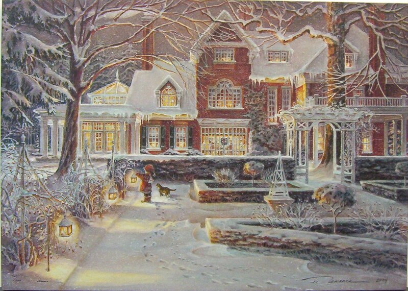 Winter garden scene with child