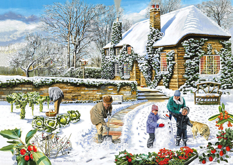Winter garden scene with family