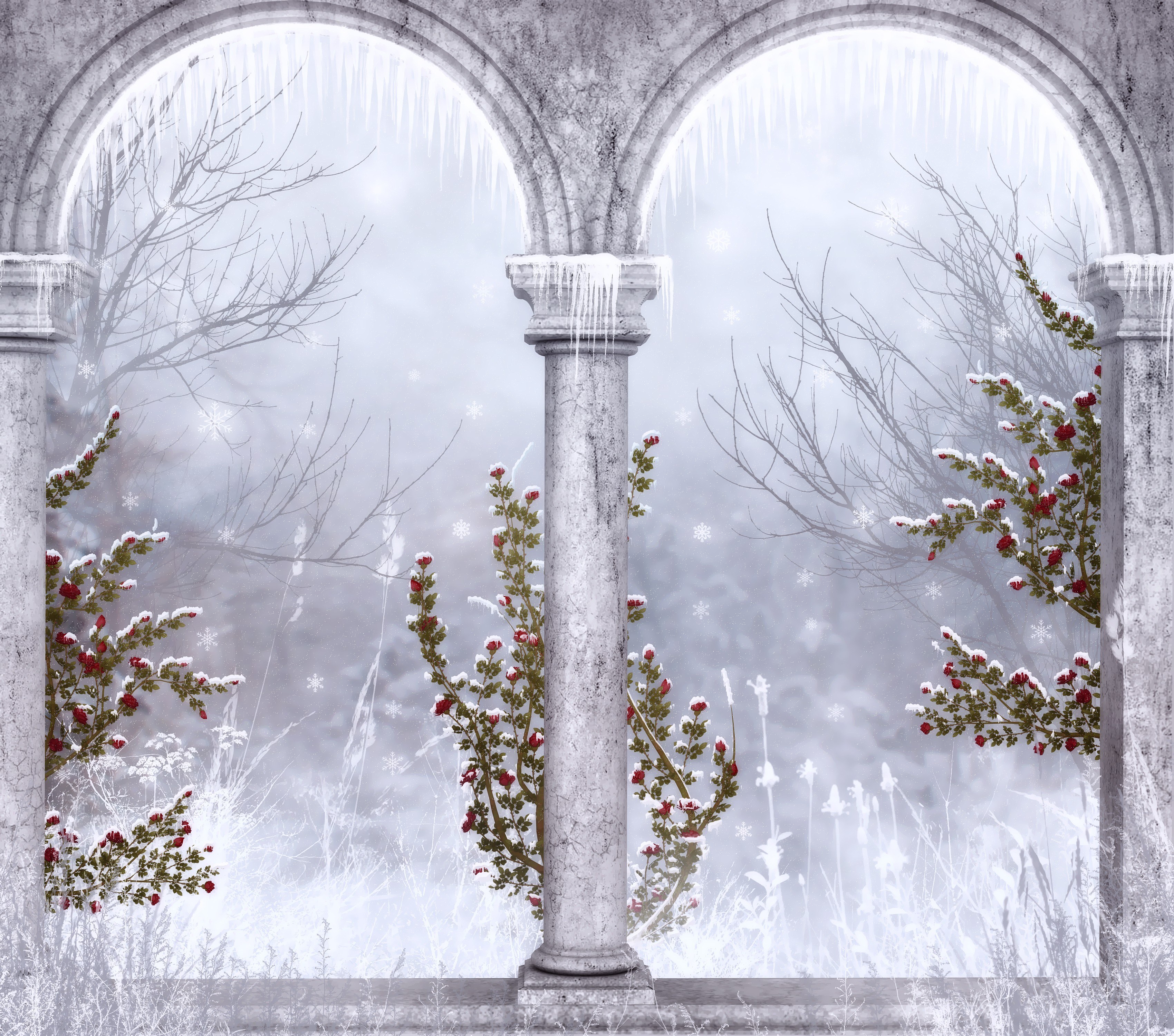 Winter garden with stone arches