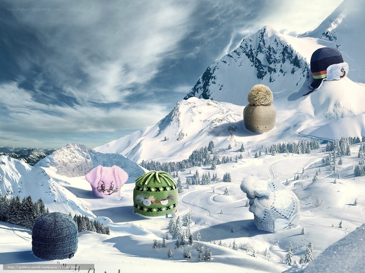 Winter hats in snowy mountains