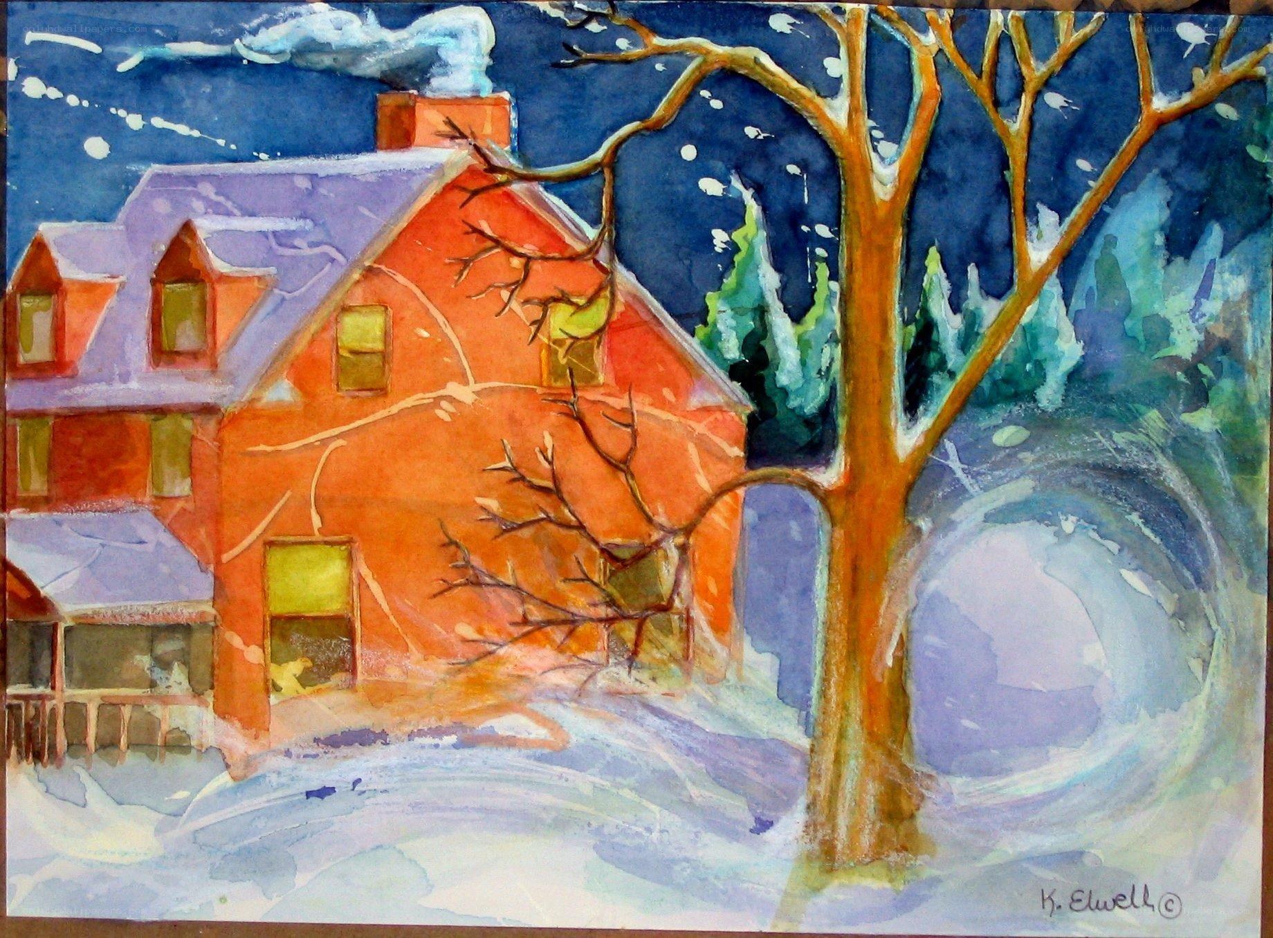 Winter house scene painting